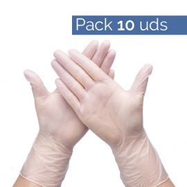 Pack 10 Guantes desechables de vinilo color transparente sin polvo. 0,089 € + iva/ud