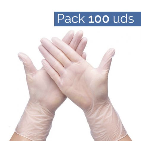 Pack 100 Guantes desechables de vinilo color transparente sin polvo. Talla XL · 0,123 € + iva/ud